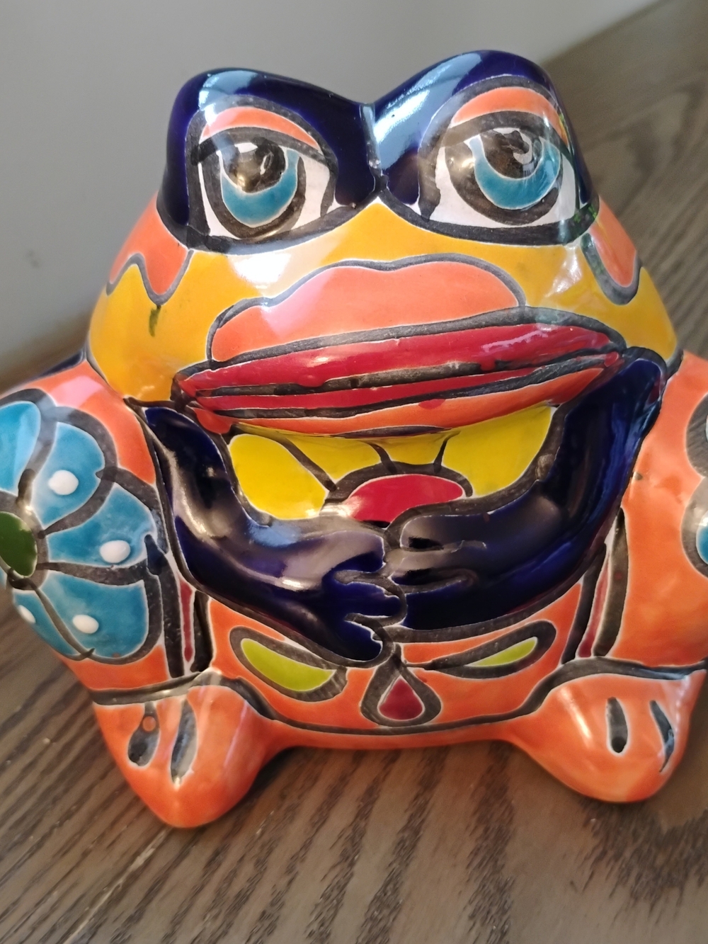 Talavera Hand-Painted Ceramic Frog Planter in Orange, Yellow and Blue